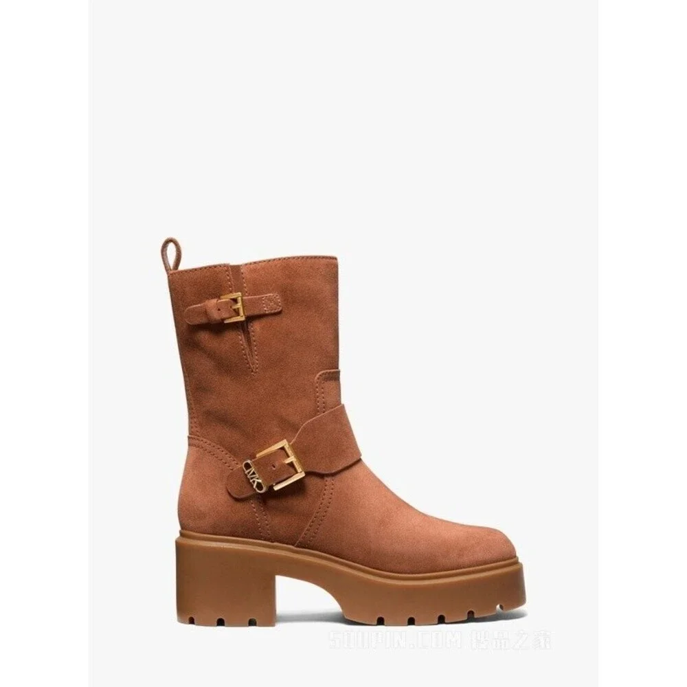 Michael Kors Perry Boot Womens 7.5 Luggage Suede Chunky Lug Sole Bootie JOBB1800
